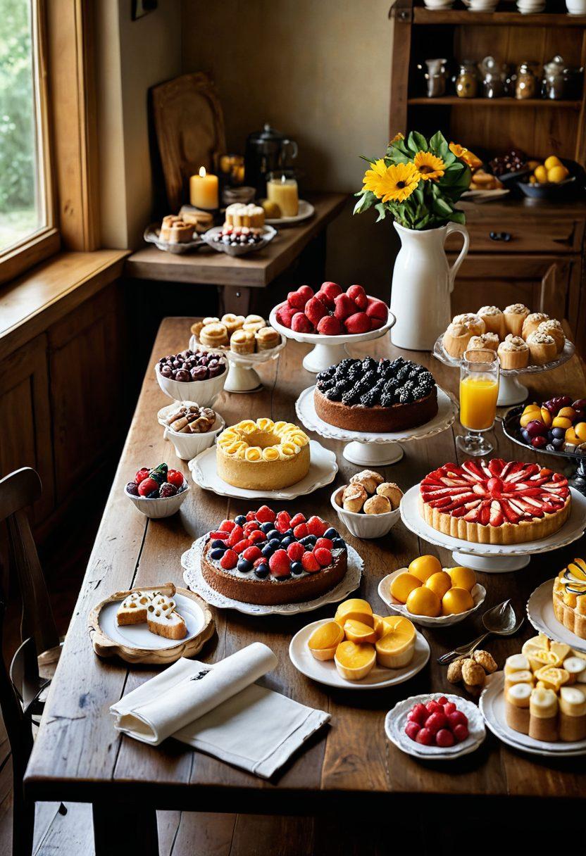 An inviting kitchen scene featuring an assortment of gourmet baked goods, such as intricate pastries and cakes decorated with fresh fruits and elegant icing. Incorporate a rustic wooden table, scattered baking tools, and ingredients like flour and eggs. Soft, warm lighting creates a cozy atmosphere, while a beautiful cookbook opens to a delicious recipe page in the background. super-realistic. vibrant colors. cozy ambiance.