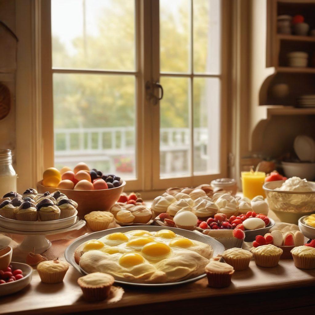 A cozy kitchen setting filled with vibrant ingredients such as eggs, flour, and fresh fruits, with a baker's hands skillfully mixing batter in a bowl, light streaming through a window highlighting the warm atmosphere, and delectable treats like cupcakes and cookies in the background. super-realistic. vibrant colors. soft lighting.