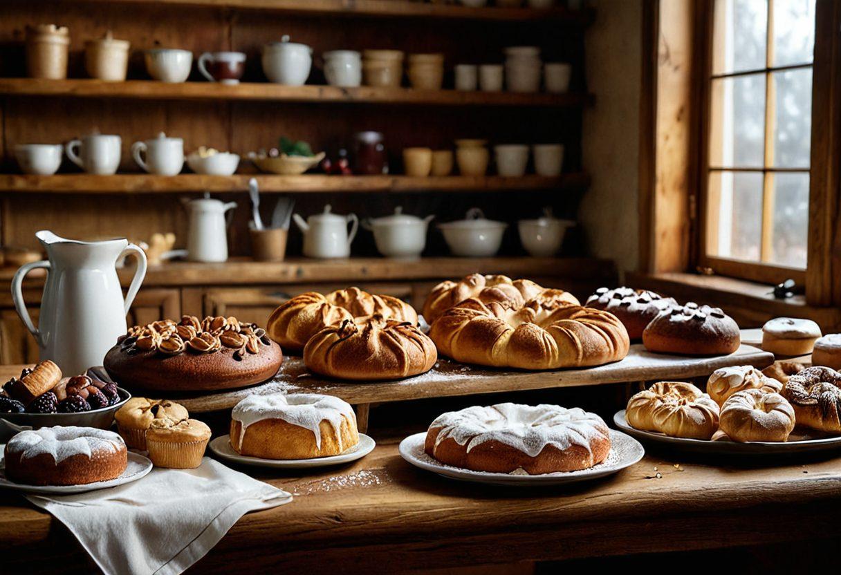 A beautifully arranged baking scene with a wooden table, showcasing a variety of freshly baked goods like cakes, pastries, and breads. Include essential baking tools like whisks, measuring cups, and a cookbook open to a gourmet recipe. Soft, warm lighting enhances the cozy atmosphere, inviting the viewer into the art of baking. Add a hint of flour dust in the air for a dynamic feel. super-realistic. vibrant colors. warm tones.